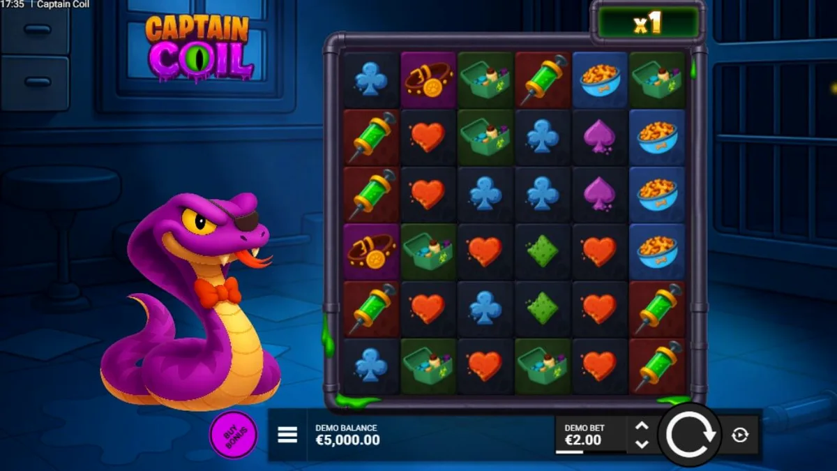 Interface do jogo de slot Captain Coil com o cientista serpente no laboratório