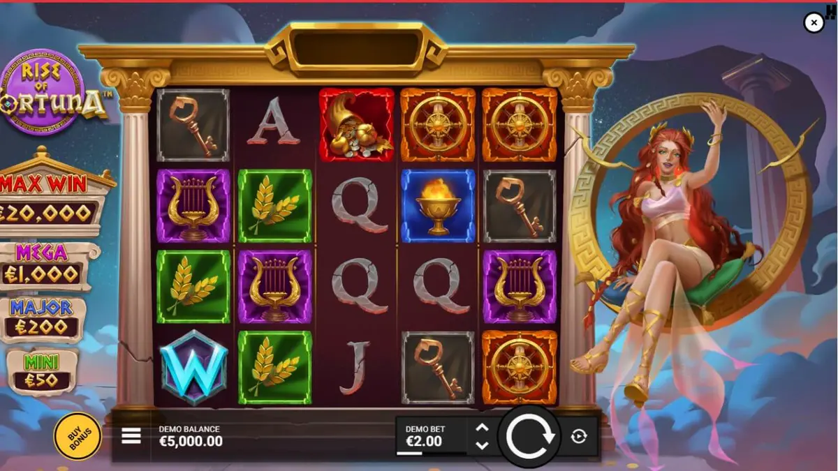 Interface do jogo Rise of Fortuna com a deusa Fortuna e rodas de bônus