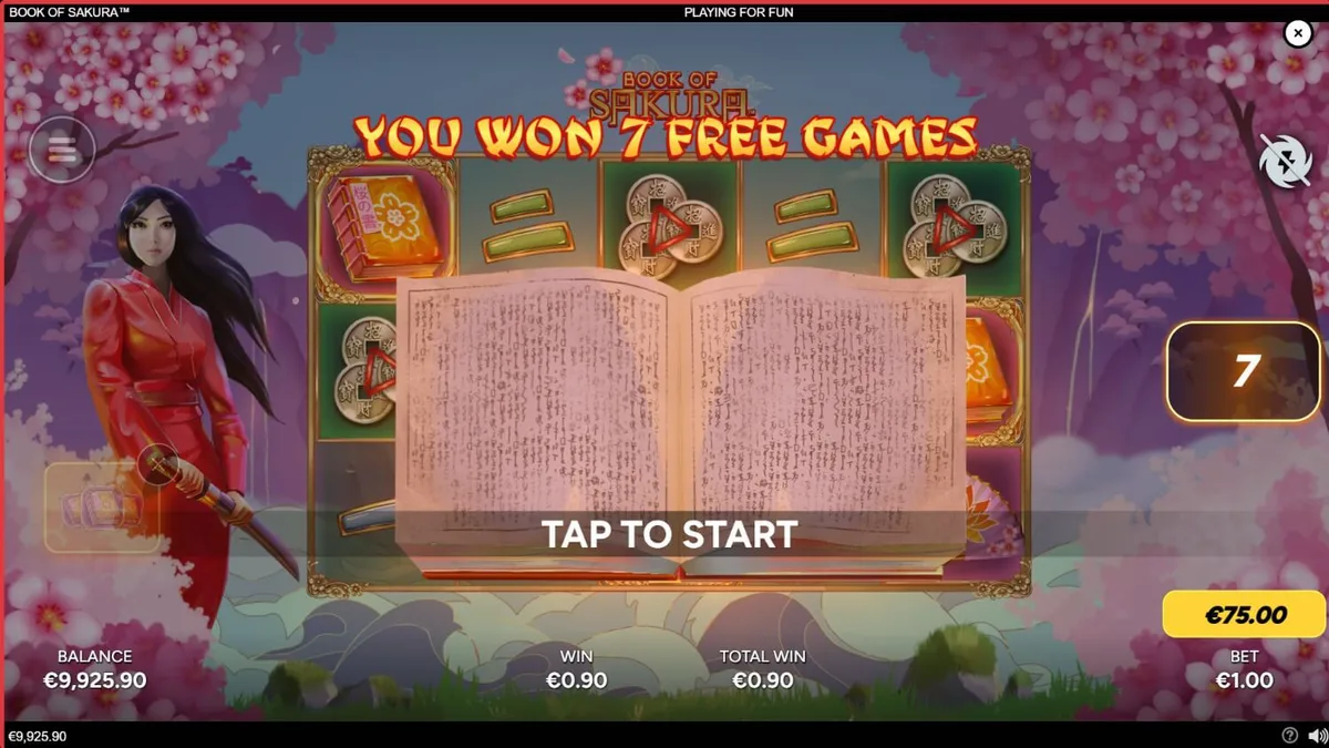 Interface do jogo Book of Sakura em dispositivo móvel com tema de cerejeiras